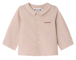 A long-sleeve Boubou shirt for baby boys and boys by Bonpoint, crafted from soft organic cotton in a light pink striped design, featuring a collar and a chest pocket with the “Bonpoint” label.