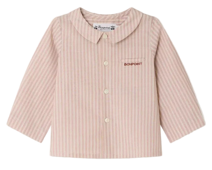 A long-sleeve Boubou shirt for baby boys and boys by Bonpoint, crafted from soft organic cotton in a light pink striped design, featuring a collar and a chest pocket with the “Bonpoint” label.
