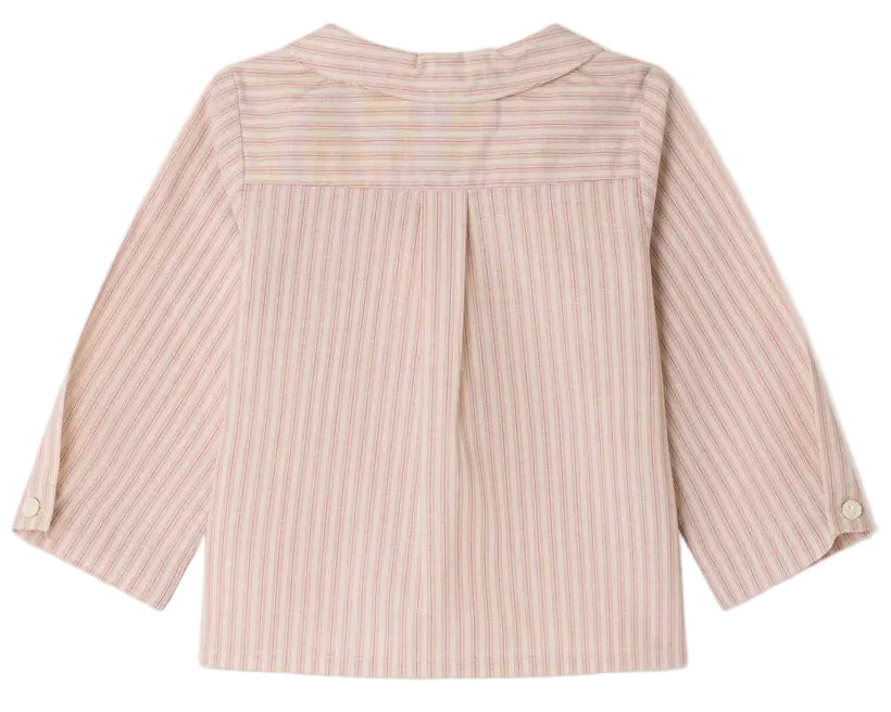 Back view of the Bonpoint Baby Boys’ and Boys’ Boubou Shirt, a long-sleeve shirt in light pink and white stripes, made from soft organic cotton with a collar, yoke detail, and buttoned cuffs.