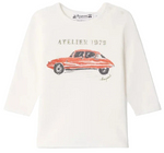 The Bonpoint Baby Boys’ and Boys’ Tahsin T-shirt with Car Print is a white long-sleeve shirt made from soft organic cotton, featuring a bold race car print of a red vintage car and “ATELIER 1975” text on the front for easy dressing and comfort.