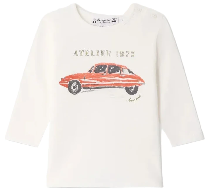 The Bonpoint Baby Boys’ and Boys’ Tahsin T-shirt with Car Print is a white long-sleeve shirt made from soft organic cotton, featuring a bold race car print of a red vintage car and “ATELIER 1975” text on the front for easy dressing and comfort.