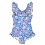 The Louise Misha Andrea Bathing Suit is a blue, vintage-inspired one-piece with a floral pattern and charming ruffled neckline.