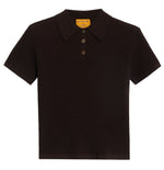 The Shrunken Cashmere Polo by Guest in Residence is a dark brown, short-sleeve ribbed polo with a collar, two-button placket, and a yellow brand label inside the neckline.