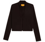 The Stealth Cardigan by Guest in Residence is a black, long-sleeve, open front sweater with a minimalistic design and straight hem, shown against a plain white background.