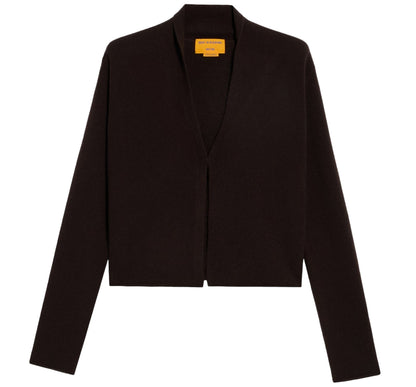 The Stealth Cardigan by Guest in Residence is a black, long-sleeve, open front sweater with a minimalistic design and straight hem, shown against a plain white background.