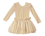 The Noralee Lottie Tutu Set is a long-sleeved light beige dress with ruffled shoulders and a double-tiered, glittery star tulle skirt.
