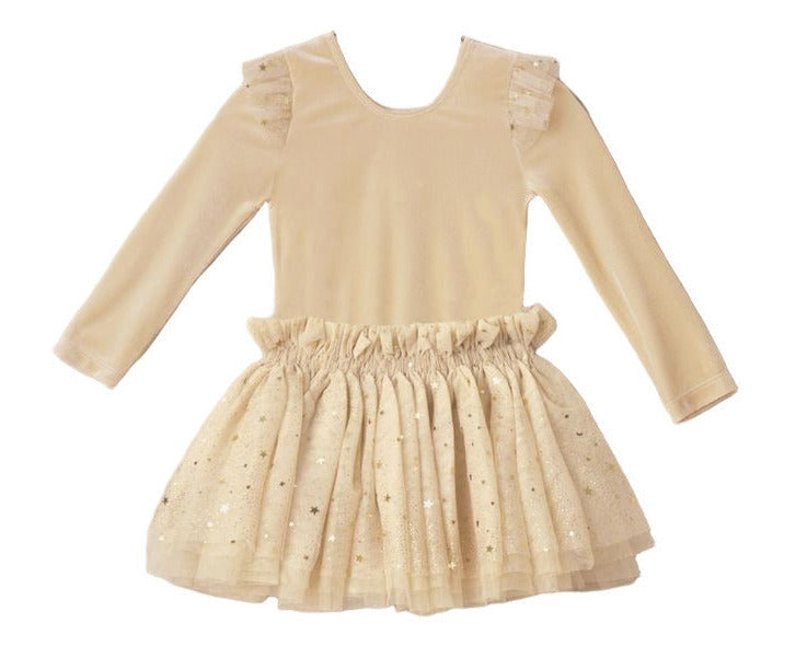 The Noralee Lottie Tutu Set is a long-sleeved light beige dress with ruffled shoulders and a double-tiered, glittery star tulle skirt.