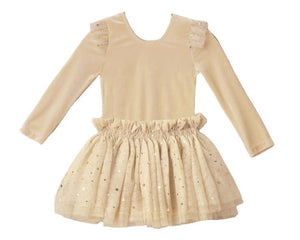 The Noralee Lottie Tutu Set is a long-sleeved light beige dress with ruffled shoulders and a double-tiered, glittery star tulle skirt.