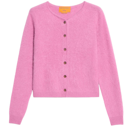 The Grizzly Cashmere Cardigan by Guest in Residence is a pink, brushed-effect women’s knitwear piece with long sleeves, a crew neck, and brown buttons, shown on a white background.