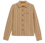 The Dylan Stripe Shirt by Guest in Residence features beige and cream stripes, a collar, chest pocket, and long sleeves, showcased on a plain white background.