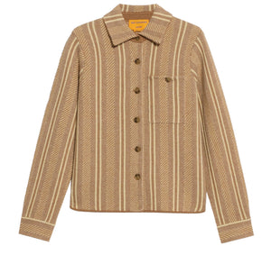 The Dylan Stripe Shirt by Guest in Residence features beige and cream stripes, a collar, chest pocket, and long sleeves, showcased on a plain white background.