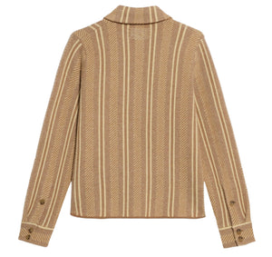 Back view of the Dylan Stripe Shirt by Guest in Residence, featuring beige and cream vertical stripes, buttoned cuffs, and a classic collar.