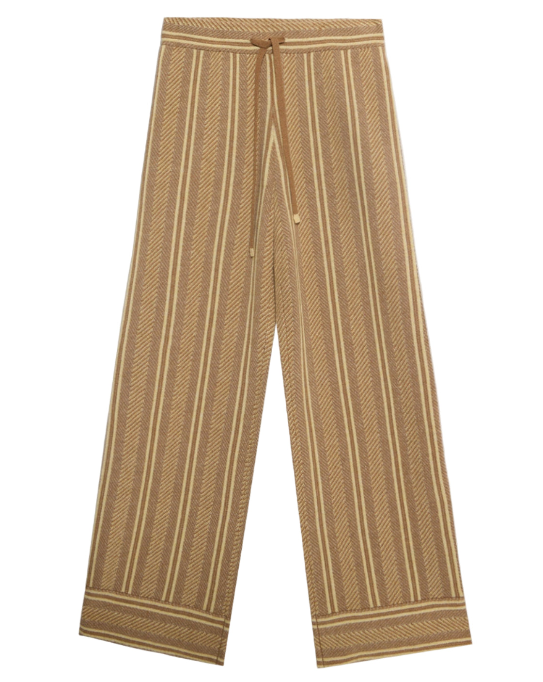 The Stripe Lounge Pant by Guest in Residence features brown and beige vertical stripes, a drawstring waist, and decorative hem stripes—offering stylish comfort as women’s loungewear.