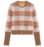 The Shadow Plaid Cardigan by Guest in Residence is a lightweight knit with brown, pink, and cream checks, featuring ribbed cuffs and hem plus a button-down front for easy layering.