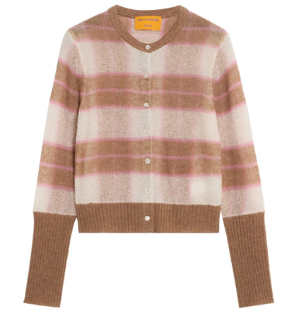 The Shadow Plaid Cardigan by Guest in Residence is a lightweight knit with brown, pink, and cream checks, featuring ribbed cuffs and hem plus a button-down front for easy layering.