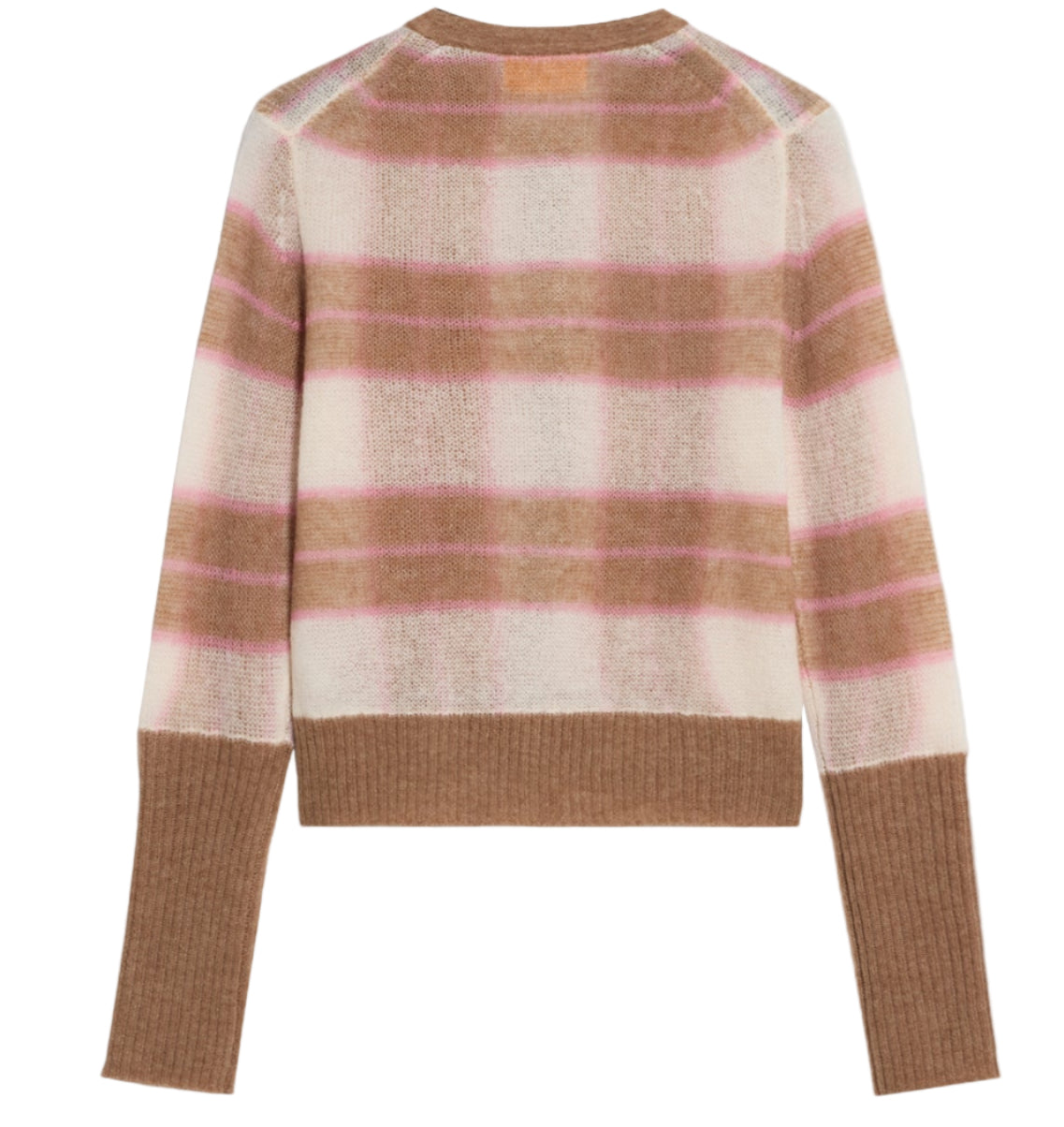The Shadow Plaid Cardigan by Guest in Residence is a lightweight knit with long sleeves, featuring a brown, beige, and pink plaid pattern and solid brown ribbed cuffs and waistband.