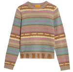 The Guest in Residence Western Stripe Crew is a beige jacquard stitch sweater with blue, pink, gold, and brown horizontal stripes, a round neckline, and ribbed cuffs and hem.
