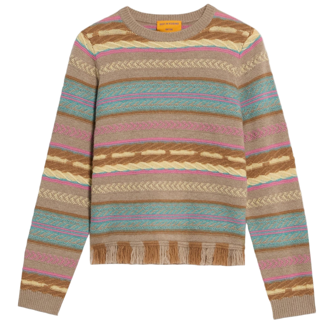 The Guest in Residence Western Stripe Crew is a beige jacquard stitch sweater with blue, pink, gold, and brown horizontal stripes, a round neckline, and ribbed cuffs and hem.