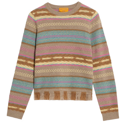 The Guest in Residence Western Stripe Crew is a beige jacquard stitch sweater with blue, pink, gold, and brown horizontal stripes, a round neckline, and ribbed cuffs and hem.