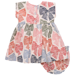 The Baby Girls' Adaline Dress Set by Pink Chicken includes a matching bloomer and showcases colorful striped bows in red, blue, green, and pink on a white background.