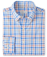 This Peter Millar Orin Cotton-Stretch Sport Shirt features a folded, button-up design with a blue, white, and orange checkered pattern and a stylish button-down collar. Made from comfortable cotton, it carries the renowned Peter Millar label.