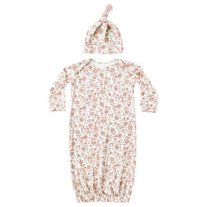 The Quincy Mae Baby Girls' Bamboo Baby Gown & Hat Set includes a long-sleeve gown with fold-over mitts, elastic bottom, and a matching knotted hat, both featuring a pink and white floral pattern.