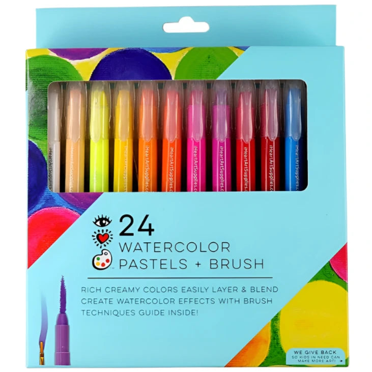 The Bright Stripes 24 Watercolor Pastels + Brush set, in a blue package, includes vibrant brush tip pens perfect for stunning watercolor effects and offers a 3-in-1 medium that combines paintbrush fluidity and vibrant hues for art creation.