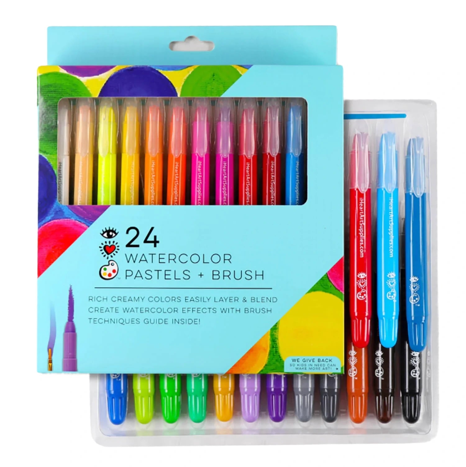 The Bright Stripes 24 Watercolor Pastels + Brush set is designed to deliver stunning watercolor effects and comes elegantly displayed in colorful packaging.