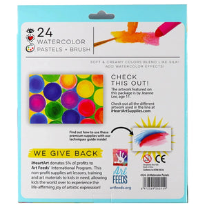 The back of the Bright Stripes 24 Watercolor Pastels + Brush package displays vibrant artwork, product details with watercolor effects, a featured artist mention, and info on donations to art programs. Enjoy this versatile 3-in-1 medium by Bright Stripes.