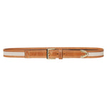 The Riviera Belt by Frame features brown cow leather, a polished gold rectangular buckle, a decorative arrow-shaped tip, a slim design, and a lighter beige stripe along the edges.