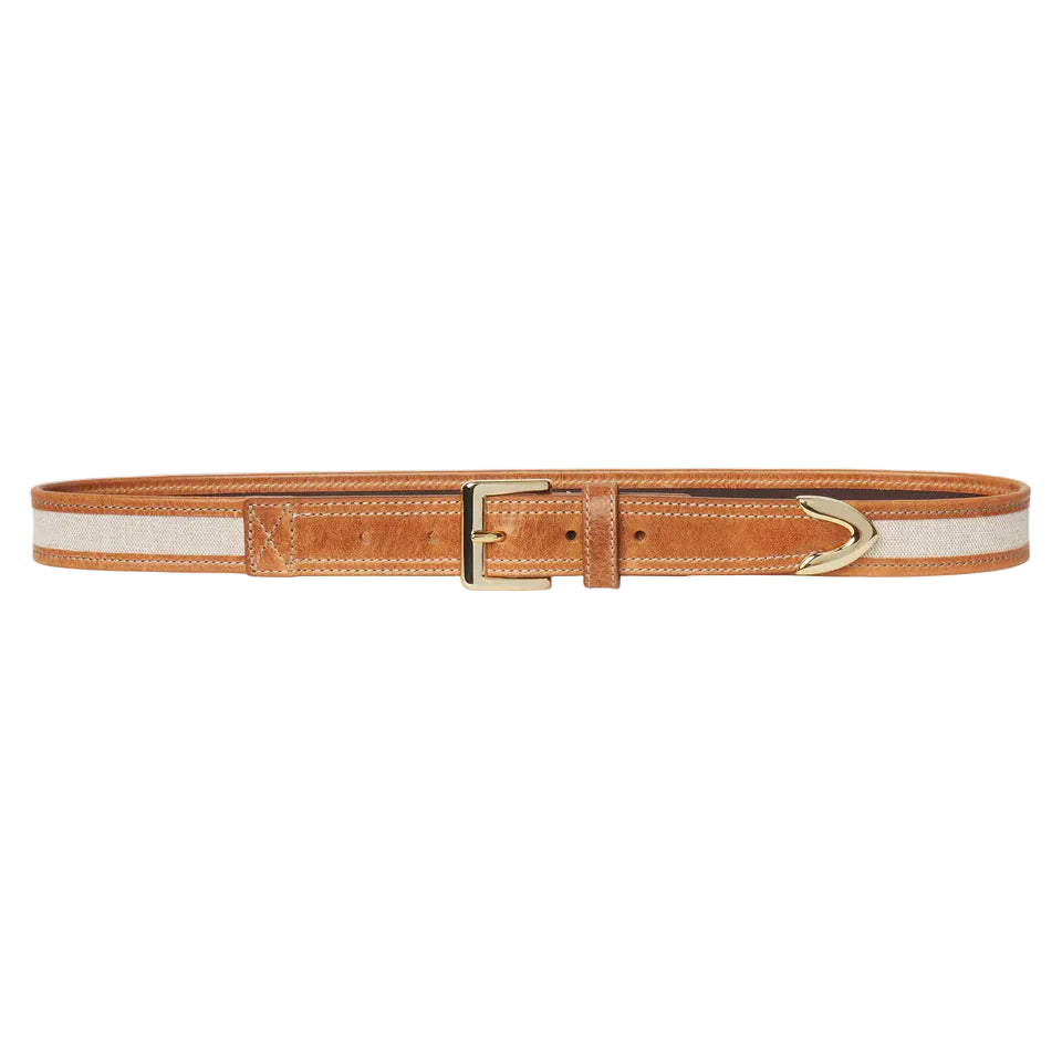 The Riviera Belt by Frame features brown cow leather, a polished gold rectangular buckle, a decorative arrow-shaped tip, a slim design, and a lighter beige stripe along the edges.