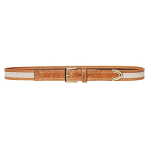 The Riviera Belt by Frame features brown cow leather, a polished gold rectangular buckle, a decorative arrow-shaped tip, a slim design, and a lighter beige stripe along the edges.