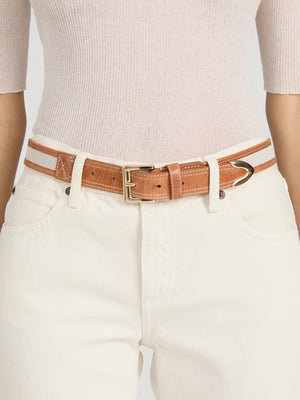Person wearing high-waisted white jeans with Frame's The Riviera Belt, a slim cow leather belt with a polished buckle, over a fitted light beige ribbed top.