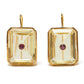 Lizzie Fortunato Tile Earrings: Rectangular gold-plated brass earrings with clear faceted stones and a central round semiprecious rhodolite gem.
