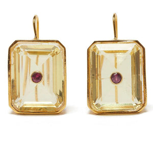 Lizzie Fortunato Tile Earrings: Rectangular gold-plated brass earrings with clear faceted stones and a central round semiprecious rhodolite gem.