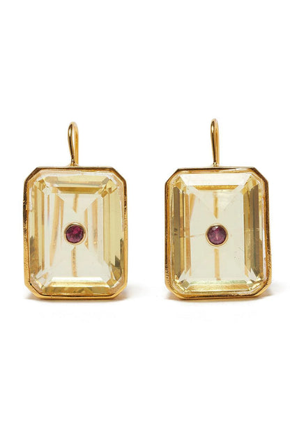 Lizzie Fortunato Tile Earrings: Rectangular gold-plated brass earrings with clear faceted stones and a central round semiprecious rhodolite gem.