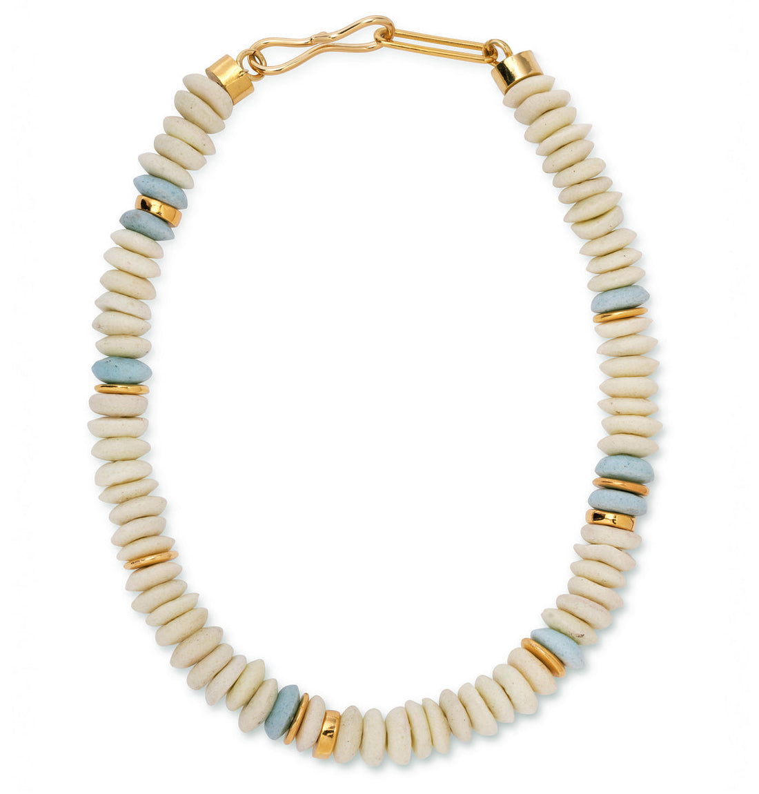 The Laguna Necklace by Lizzie Fortunato features round white and pale blue recycled glass beads with gold spacers, finished with a gold hook clasp.