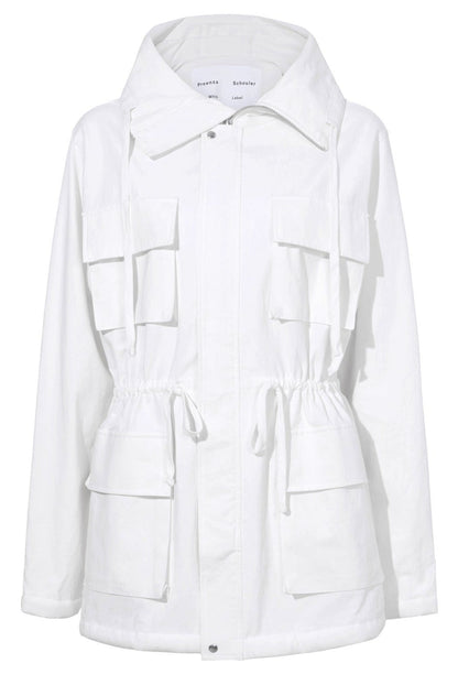 The Proenza Schouler Nina Coat is a white hooded utility jacket featuring multiple front pockets and an adjustable waist. Crafted from solid crinkle cotton, it offers a stylish touch that seamlessly blends functionality with fashion, making it a versatile addition to any wardrobe.