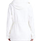 A person wearing a white hooded Proenza Schouler Nina Coat with an adjustable waist, viewed from the back.