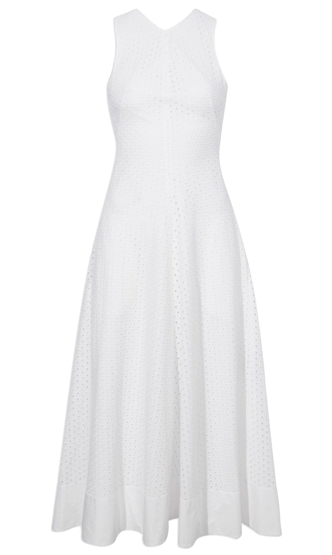 The Proenza Schouler Juno Dress is a sleeveless, white, ankle-length dress with a fitted waist and flared skirt, featuring a subtle dotted pattern and a delicate Broderie Anglaise embroidered overlay.