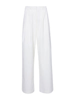 The Proenza Schouler Helena Pant by Proenza Schouler showcases a relaxed silhouette made from crinkle cotton. These white wide-leg pants feature a high waist and elegant pleats, stunningly displayed against a plain background.