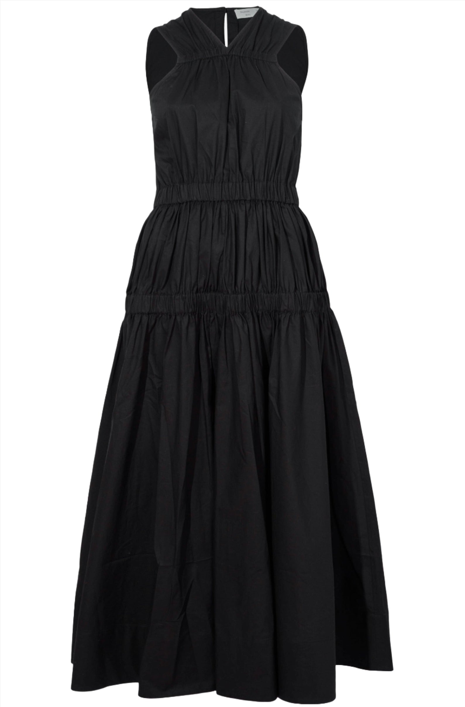 Sleeveless black midi Proenza Schouler Libby dress with a gathered waist and criss-cross neckline, displayed against a plain background.