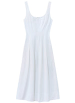 The Proenza Schouler Shelby Dress features a sleeveless white design with a fitted bodice and a flared, knee-length skirt, embodying the classic fit and flare silhouette in breathable Cotton Linen.