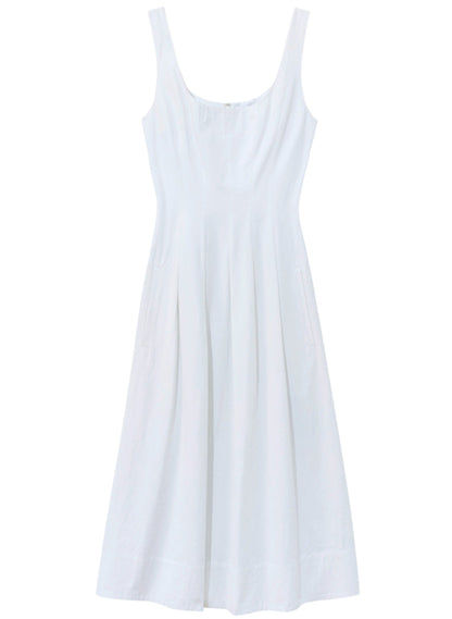 The Proenza Schouler Shelby Dress features a sleeveless white design with a fitted bodice and a flared, knee-length skirt, embodying the classic fit and flare silhouette in breathable Cotton Linen.