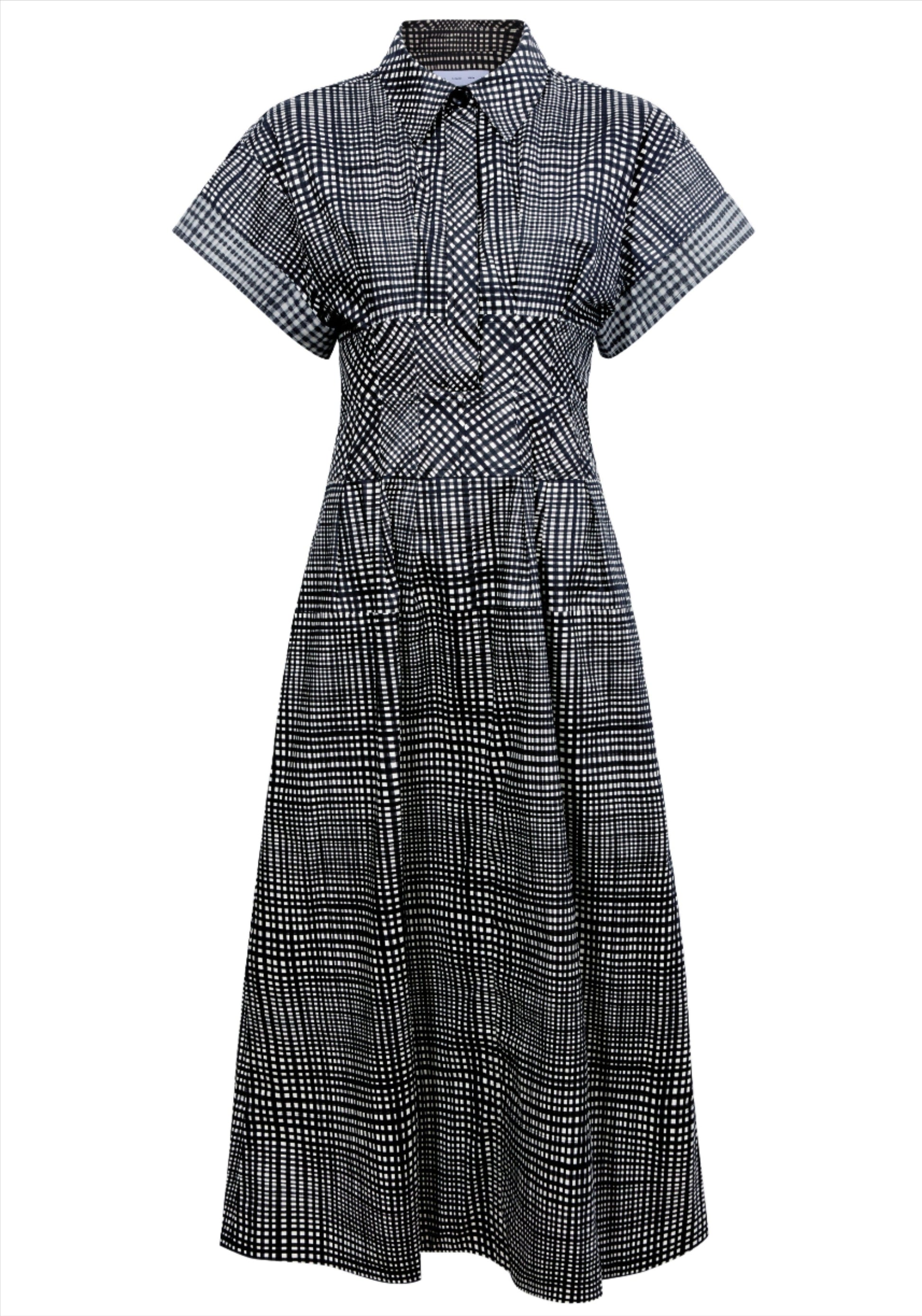 The Proenza Schouler Balston Grid Poplin Dress from Proenza Schouler White Label is an A-line dress with a black and white checkered pattern, featuring a point collar and fitted waist, made from 100% cotton, and displayed on a plain background.