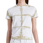 Individual dressed in a Proenza Schouler White Label Brewer Tie Dye T-Shirt, showcasing a white and beige grid pattern, alongside slim-fit white pants.