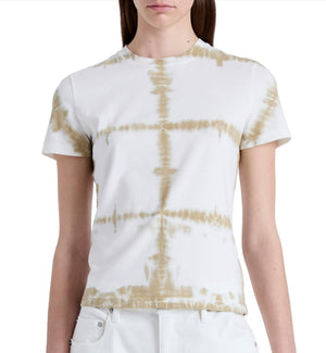 Individual dressed in a Proenza Schouler White Label Brewer Tie Dye T-Shirt, showcasing a white and beige grid pattern, alongside slim-fit white pants.