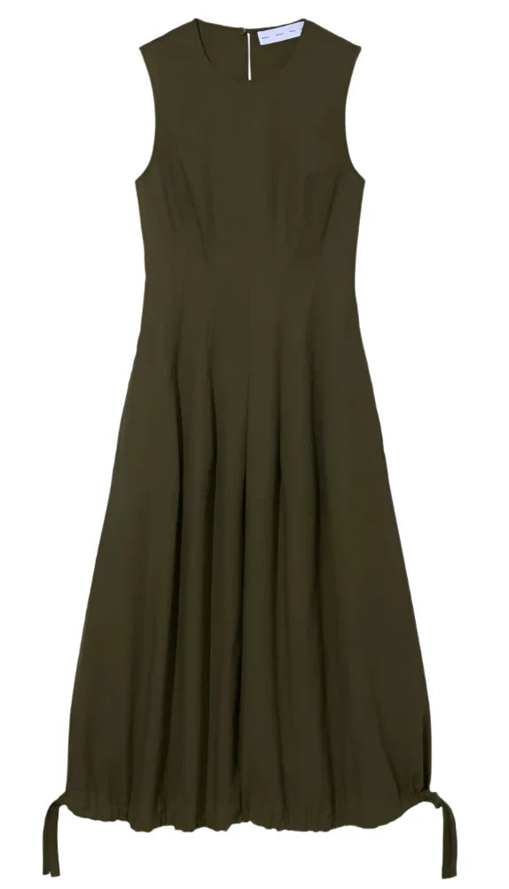 The Proenza Schouler Marley Dress is a sleeveless, olive green piece crafted from Tech Cotton with a round neckline and a flared skirt. It features an adjustable bubble hem with drawstrings for a customizable fit.