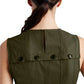 A person with dark hair in a ponytail is shown from the back, wearing a sleeveless olive green top that features vertical stitching and a buttoned detail near the shoulder area, similar to the Proenza Schouler Marley Dress.