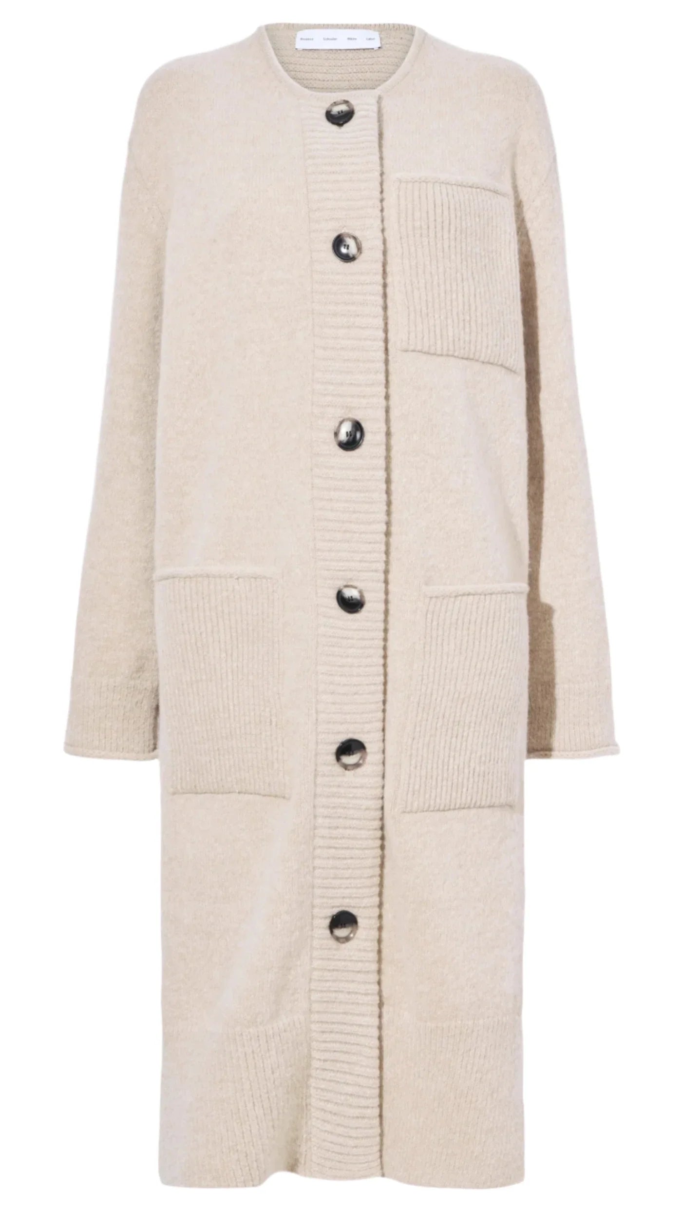 The Proenza Schouler Lenora Wool Cardigan is a long, beige knit made from a wool blend, featuring two large front pockets and accented by a ribbed texture around the buttons and pockets.